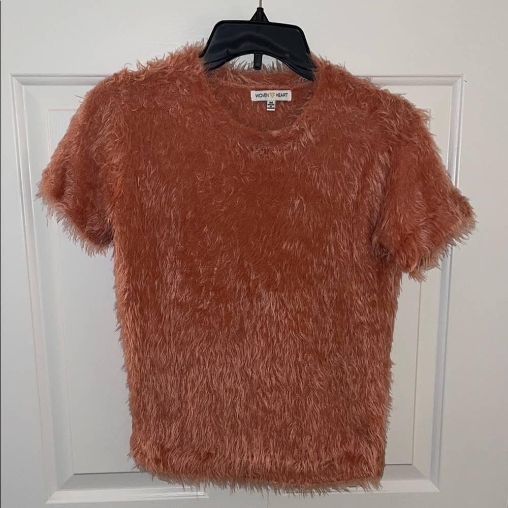Woven Heart Coral Fuzzy Crew Neck Sweater